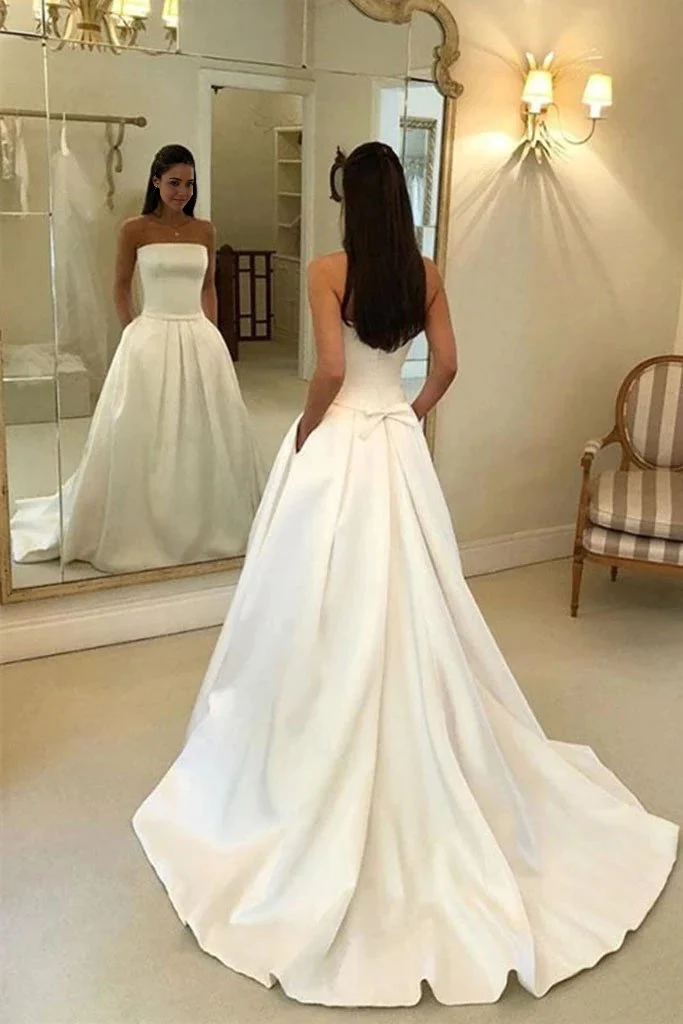 Vestidos de novia largos sin tirantes de satén con corte en A y bola.